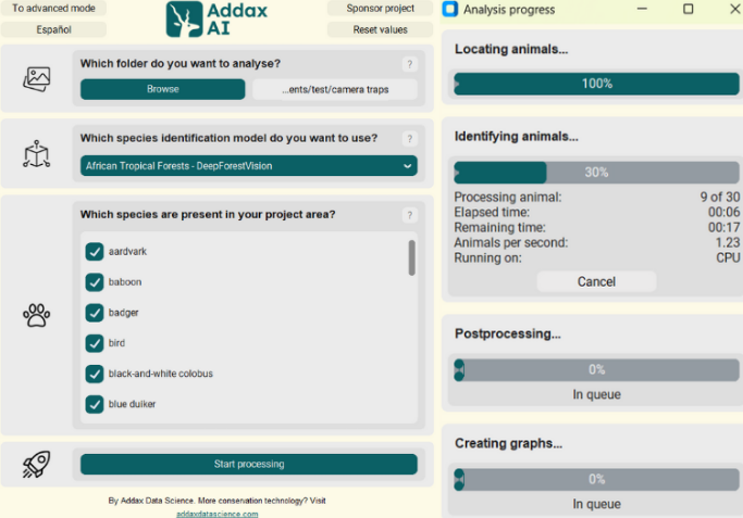 AddaxAI interface screenshot with DeepForestVision model
